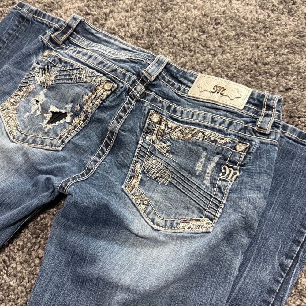 Y2K Miss Me Bootcut Jeans Womens Blue Good Distressed Embroidered Sequin 28